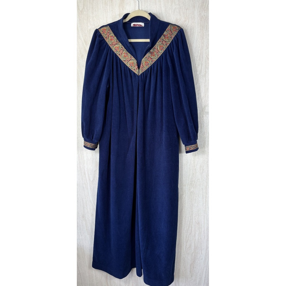 Vintage Vanity Fair Velour Robe Women's L Navy Blue Zip Housecoat‎ Cozy Lounge